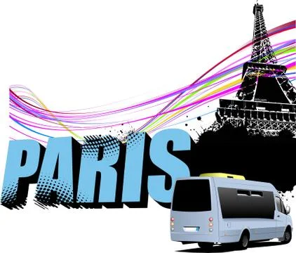 3D word Paris on the Eiffel tower grunge background with tourist minibus imag Stock-Illustration
