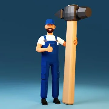3d worker with big hammer Stock Illustration