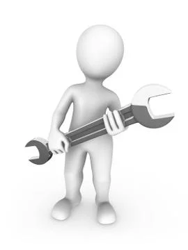 3D worker with big wrench in hands. Stock Illustration