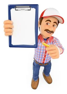 3D Worker with blank clipboard and a pencil Stock Illustration