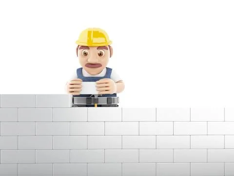 3d Worker building brick wall at construction site Illustrazione stock