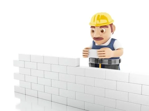 3d Worker building brick wall at construction site 스톡 일러스트