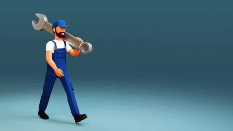 3d worker carries large spanner on his shoulder Stock Footage 233663284