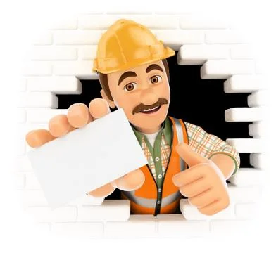 3D Worker coming out a wall hole with a blank card Stock Illustration