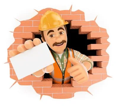 3D Worker coming out a wall hole with a blank card Stock Illustration