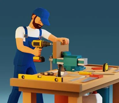 3d worker drilling a board Stock Illustration