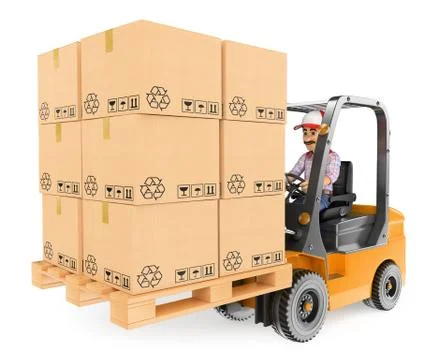 3D Worker driving a forklift loaded Stock Illustration