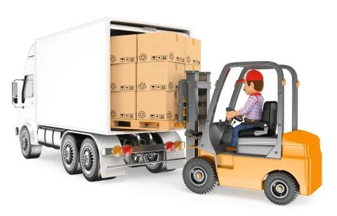 3D Worker driving a forklift loading a truck Stock Illustration
