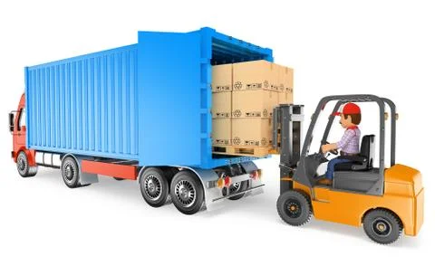 3D Worker driving a forklift loading a container truck Stock Illustration