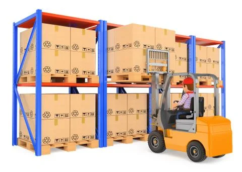 3D Worker driving a forklift  in the warehouse Stock Illustration