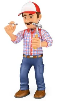 3D Worker hammering a nail with a hammer Stock Illustration