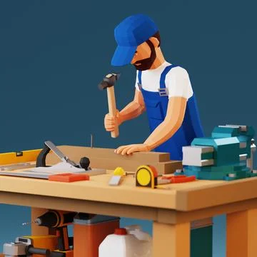 3d worker hammers a nail Stock Illustration