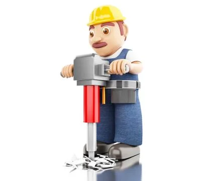 3d Worker with a jackhammer working on a construction Stock Illustration