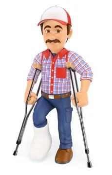 3D Worker with a leg in plaster and crutches. Injured Stock Illustration