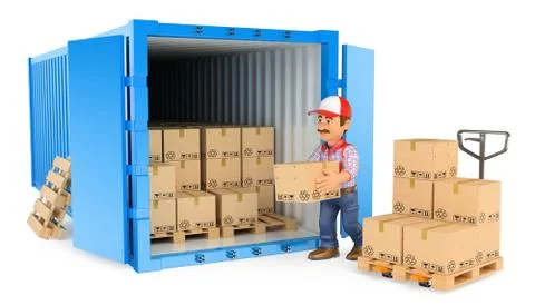 3D Worker loading or unloading a container Stock Illustration