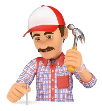 3D Worker nailing a nail with a hammer Stock Illustration