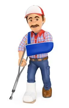3D Worker with plaster leg and arm in sling. Work accident Stock Illustration