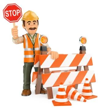 3D Worker with stop sign. Under construction Stock Illustration