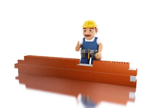 3d Worker with a trowel building brick wall Illustrazione stock