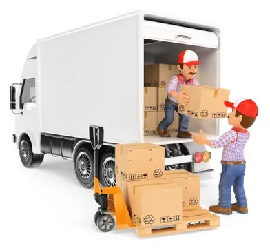 3D Workers unloading boxes from a truck Stock Illustration