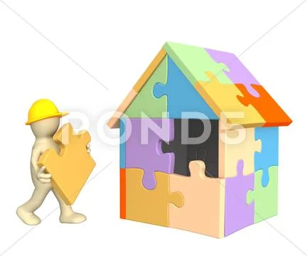 3d working puppet building the house Stock Illustration