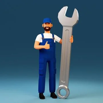 3d workman with big spanner showing thumbs up Stock Illustration