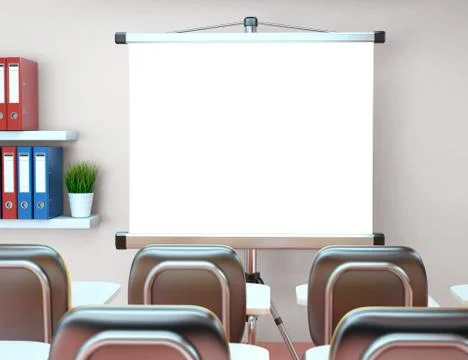 3D Workshop with blank projector screen. Office. Mockup Stock Illustration