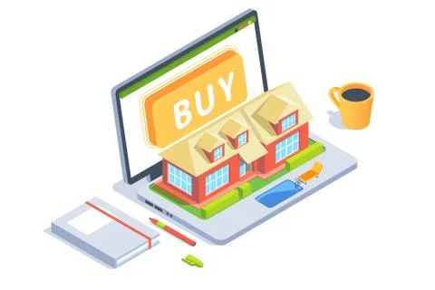 3d workspace with tool laptop with layout of house with swimming pool. Stock Illustration