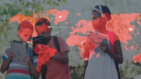 3D world map appearing over kids, nodes lighting and lines connecting while kids Stock Footage 334315835