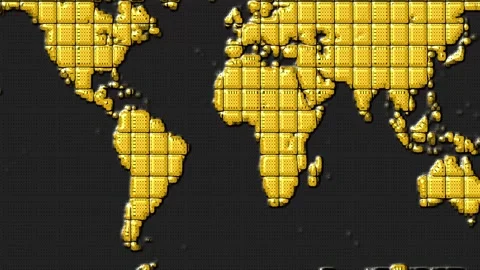 3D World Map Composed of Golden Cubes on a Dark Gray Textured animated Back.. Stock Footage 332706337