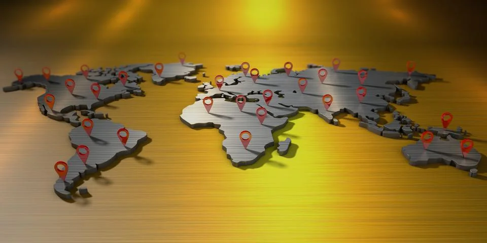 3D world map with many location signs Stock Illustration