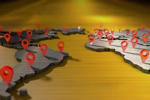 3D world map with many location signs Stock Illustration