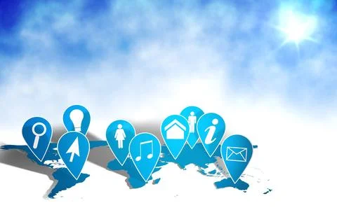 3D world map silhouette is featuring blue location marker icons with sun flare Stock Illustration