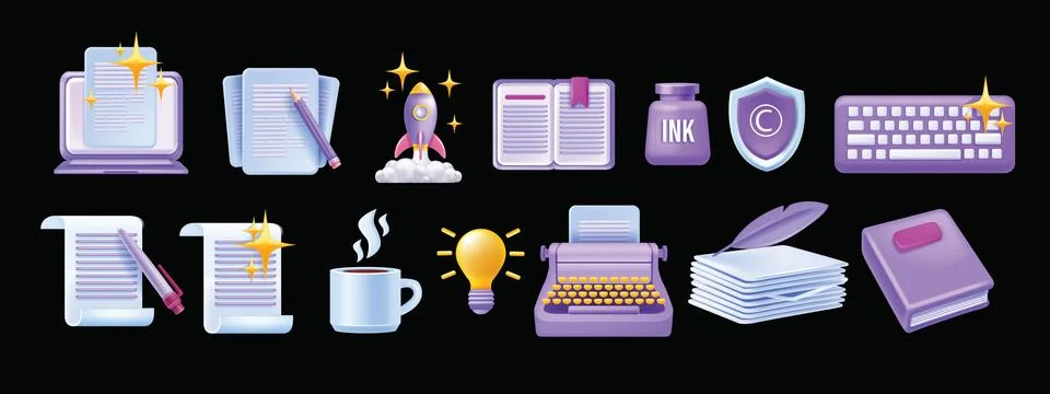 3D write author icon set, vector laptop article, creative story content sign Stock Illustration