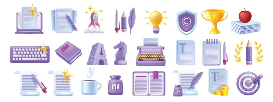 3D write author icon set, vector laptop article, creative story content sign Stock Illustration