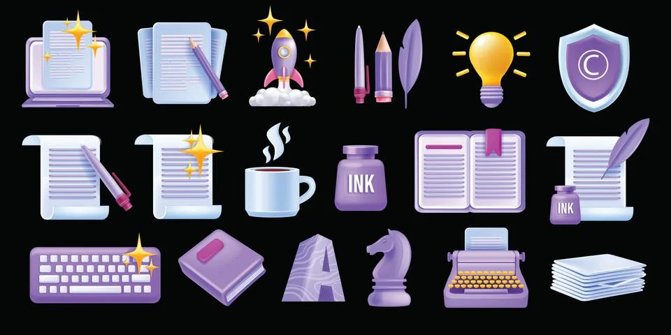 3D write author vector icon set, laptop article, creative story content sign Stock Illustration