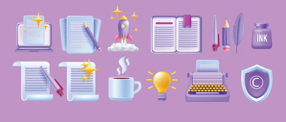 3D write author vector icon set, laptop article, creative story content sign Illustrazione stock