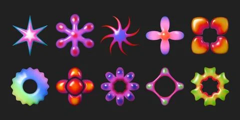 3d Y2K elements. Neon flower shape, abstract gradient heart and shape hologra Illustrazione stock