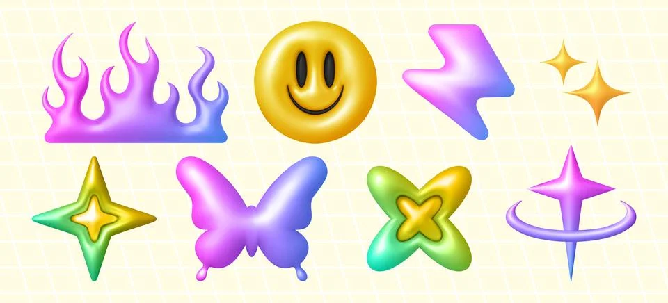 3d y2k object collection with glossy gradient Stock Illustration