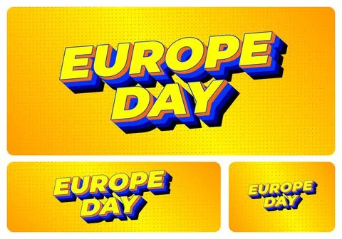 3d yellow and blue comic style text reading EUROPE DAY on dotted orange yel.. Illustrazione stock