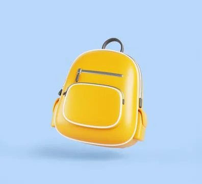 3d yellow backpack isolated on blue background. Render cartoon icon of leather Stock Illustration