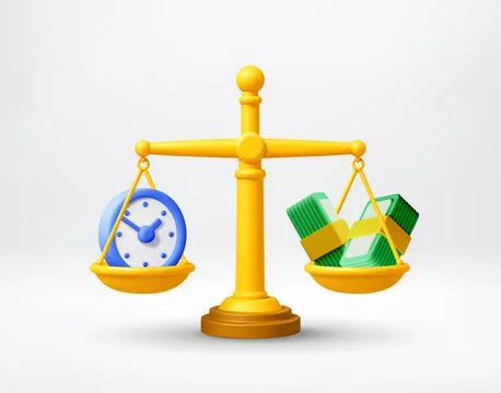 3D Yellow balance scale with clock and cash Ilustração Stock