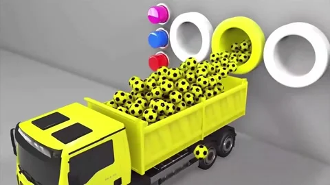 3D Yellow Balls Pouring into Dump Truck Abstract Animation Stock Footage 332760407