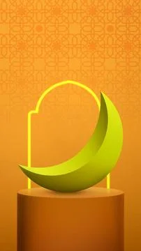 3D of a yellow crescent moon on a podium against an orange background with .. 스톡 일러스트
