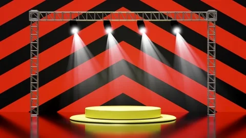 3d yellow empty podium with lighting equipment, spotlight shines, striped p.. Stock Footage 282969666
