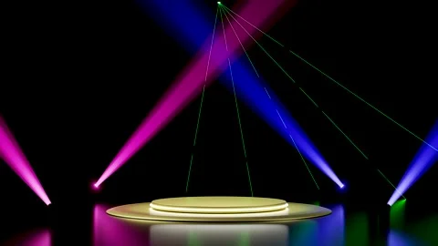 3d yellow empty podium with lighting equipment, laser light, spotlight shin.. Stock Footage 283717091