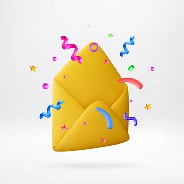 3D Yellow envelope with celebration confetti and stars. Ilustração Stock