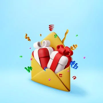 3D Yellow envelope with gift box and ribbon Illustrazione stock