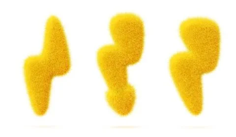 3d yellow fur fluffy lightning bolt of different shape render. Soft plush set of Stock-Illustration