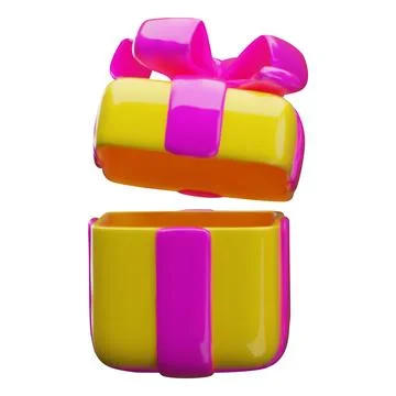 3D yellow gift box with an open lid, ribbon, and pink bow, front view. Stock Illustration